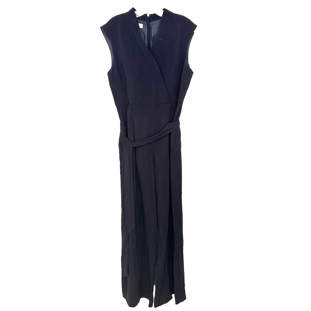 Hobbs London Jumpsuit 10 Black Crepe Rayon Stretch Sleeveless Waist-Tie Wide-Leg